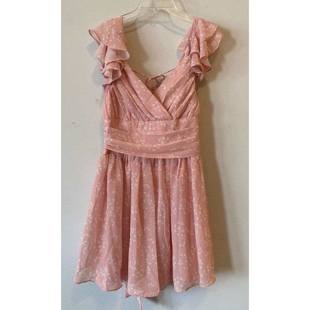 NWT Pink Ruffled Floral Mini Dress Ties in Back V-Neck Medium
